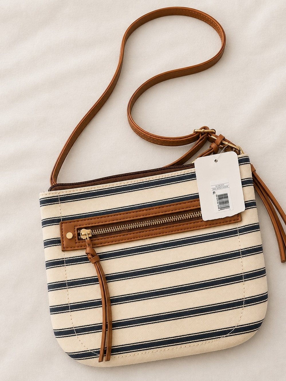 NWT Striped Multi Compartment Crossbody Bag Cognac